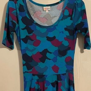 LuLaRoe Nicole Dress- Size Small- Blue with some magenta; mermaid scale pattern